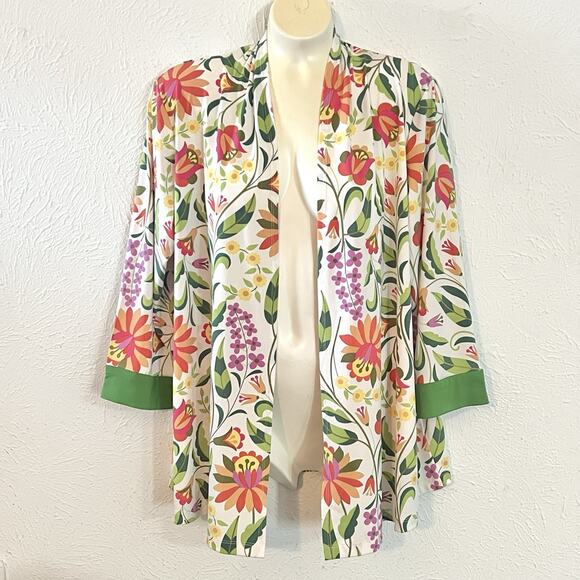 Bob Mackie Wearable Art Folk Floral Print Green Open Cardigan Kimono Jacket M - Picture 1 of 10